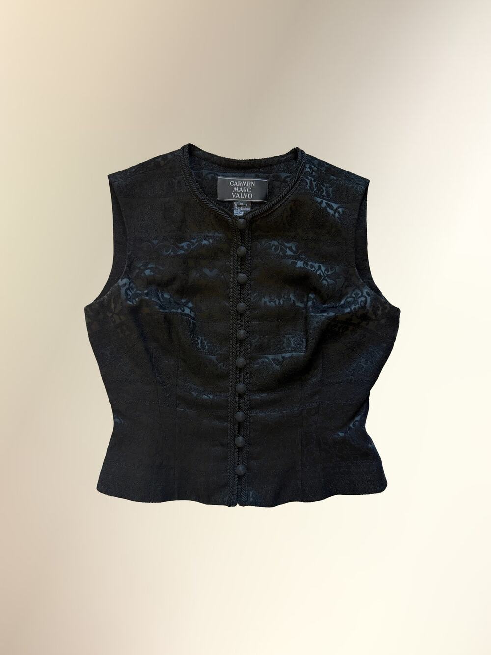 Vintage Carmen Marc Valvo Black Brocade Military Button Vest Women's 10